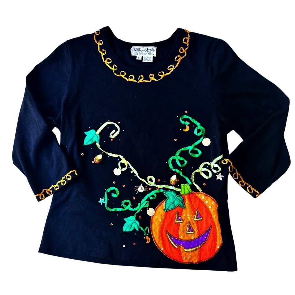 VTG  Jack B Quick Jack O Lantern Top Small  Halloween Black Embellished Applique